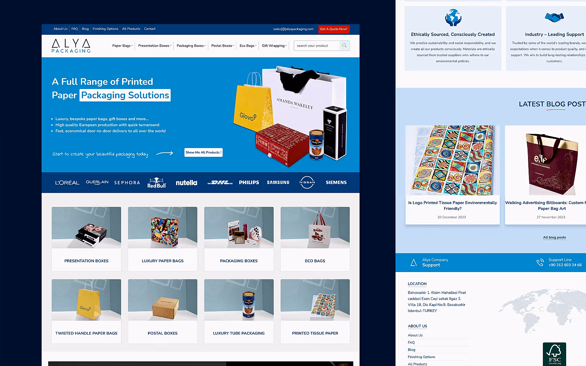 Alya Packaging için ambalaj ürünleri odaklı kurumsal WordPress web tasarımı